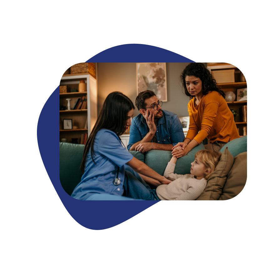 In-Office & In-Room Medical Services for Mom, dad, and sick daughter in hotel room with nurse providing in-room medical consultation.