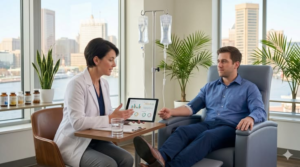 Physician consulting patient receiving treatment in luxury room overlooking city